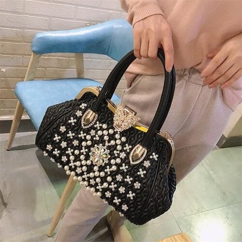Luxury fashion women handbag female rhinestone pearl shoulder messenger butterfly Hasp bag leather ladies portable party bags