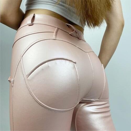 Melody Pink Faux Leather Thermal Sweat pants Women Thick Stretch Pantalon Femme Mid Waist Pencil Pants Party Trousers
