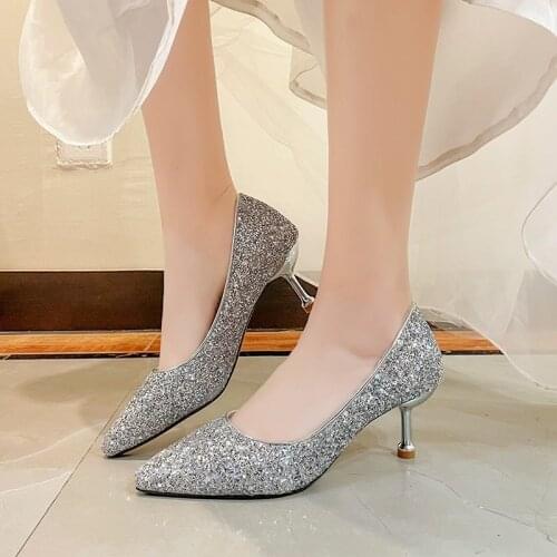 2021 Sequined Shoes Women Pumps Sexy High Heels Gold Kitten Heels Sliver Wedding Shoes Ladies Shoes White Women Shoes Stiletto