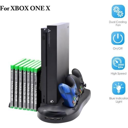 Vertical Stand for Xbox One X, Controller Charger with Cooling Fan Game Storage and Extra 3 USB Port Charging Station Games