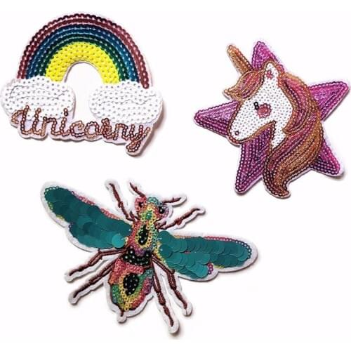 Bee Beaded Rainbow Unicorn Letter Badges Sequin Embroidery Sew On Patches for clothes Coat Sweater Embroidered Patch Appliques