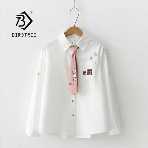 Women Cartoon Cat Embroidery Cotton White Shirt Turn-Down Collar Button Up Cute School Girls Blouse With Pink Tie Feminina Blusa