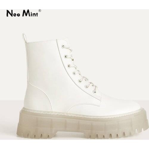 2020 New Autumn Platform Ankle Boots for Women Transparent Chunky Heels Rubber Outsole Boots Woman White Leather Shoes Woman