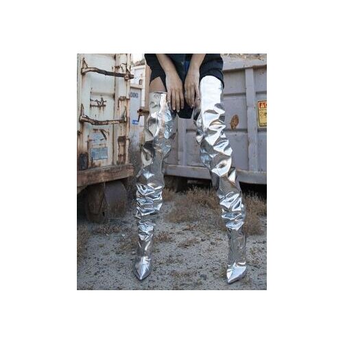 Autumn Celebrity Style Metallic Mirror Leather Silver Gold Over Knee High Women Boots Plain Pointed Toe Stiletto High Heels