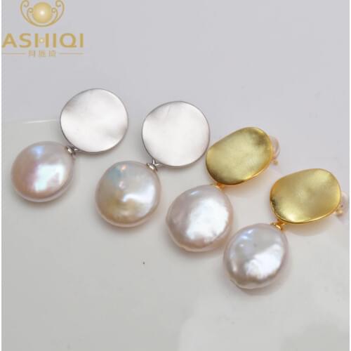 ASHIQI Real 925 Sterling Silver Korean Earring Big Natural Freshwater Baroque Pearl fashion jewelry for women серьги позолото