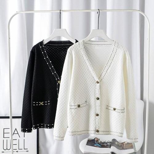 2021 Women Cardigan with Diamond Single Breasted V Neck Jacket Coat Spring Autumn Fashion Knitted Sweater Cardigans Femme