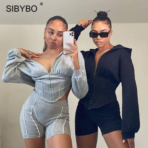 Sibybo Autumn Zipper Sporty Hoodies Sweatshirt Women Long Sleeve Hooded Black Casual Streetwear Ladies Skinny Sportywear Top