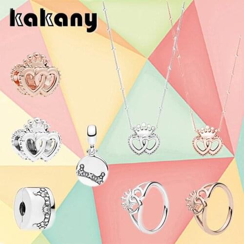 2019 Spring New S925 Standard Sterling Silver Women Luxury Rose Gold Interlocking Crown Ring Necklace Beaded Pendant