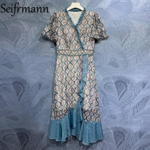 Seifrmann New 2021 Summer Women Fashion Runway Party Midi Dress Short Sleeve Gorgeous Ruffles High Waist Floral Print Dresses