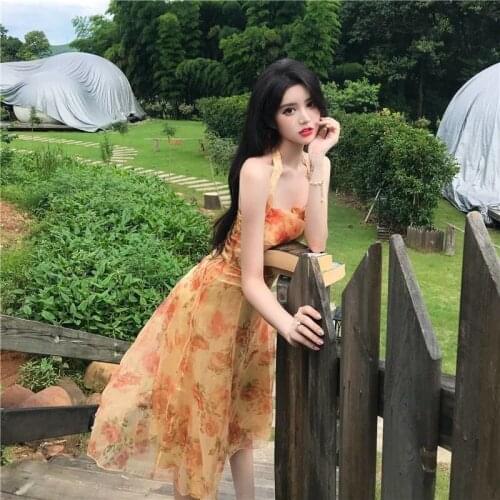 Summer Bali Seaside Holiday Dress 2021 New Oil Painting Suspender Neck Chiffon Dress French Sexy Elegant Backless Skirt