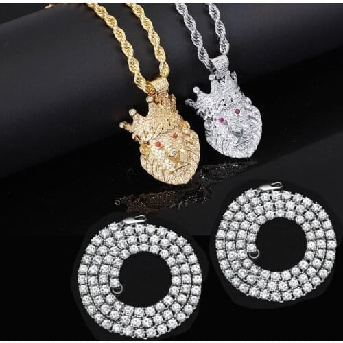 Gold Color Cuban Crown Lion Pendant & 4mm Tennis Chains With Red Eye Full Iced Out Cubic Zirconia Hiphop Necklace Jewelry