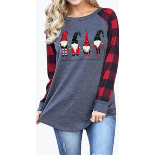1234 Women Long Sleeve T-Shirt Check Christmas Theme Print Crew Neck Ladies Casual Loose Plus Size Tees Winter Pullover Harajuku