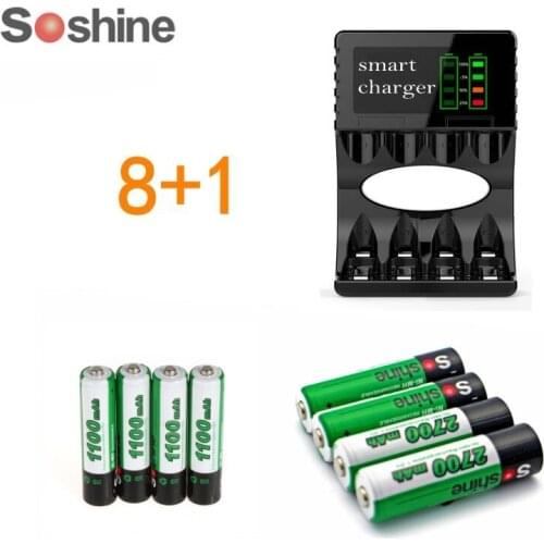 4PCS/Pack Soshine AA 2700mAh + 4PCS/Pack Soshine AAA 1100mAh 1.2V Ni-MH Rechargeable Battery + Smart AA AAA 4 Slots USB Charger