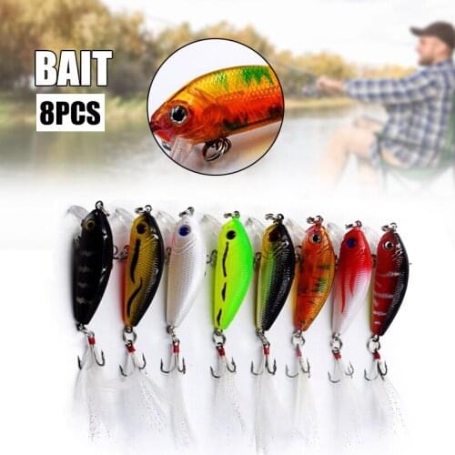 8 PCS Fake Fish Lure with Bell & Sparkling Feather Wobbler Baits Hard Fishing Supplies for Bass Trout Salmon 5cm N66