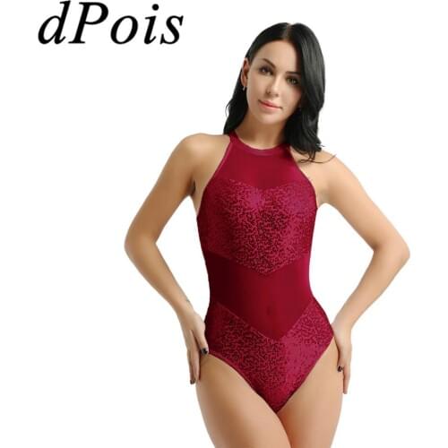 Women Girls Ballet Leotard Gymnastics Jumpsuit Sequins Mesh Ballet Dress Halter Neck Gym Bodysuit Costume Ballerina Dancer Wear
