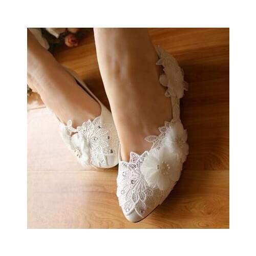 White lace flower flats party shoe woman ladies flower girls party dancing proms dress bridal wedding lace shoes bride plus size