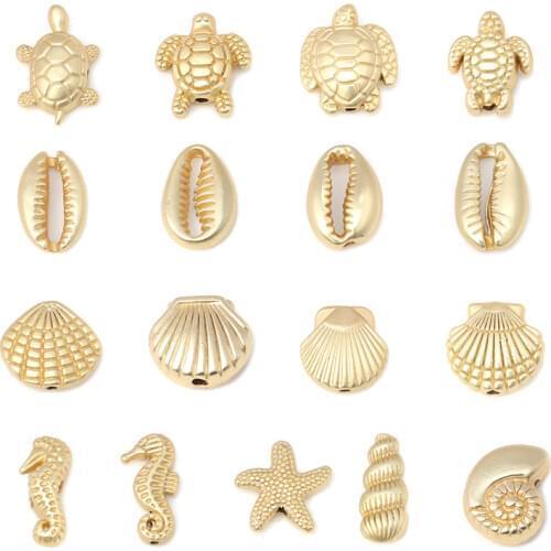 10 PCs Ocean Jewelry Beads Zinc Alloy Sea Turtle Conch Star Fish Animal Matt Gold Color Accessories for DIY Jewelry