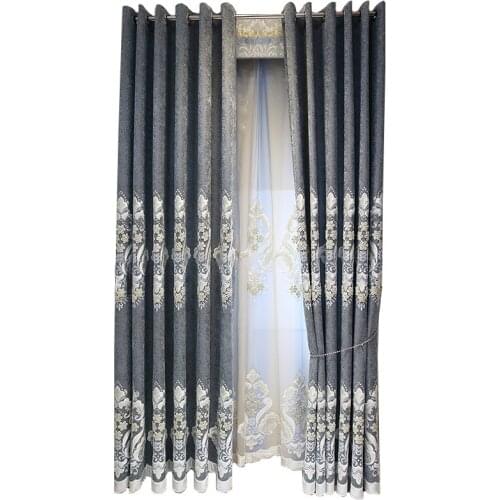 European court embroidered curtains high-end living room floor-to-ceiling windows luxury gray cotton linen finished blackout