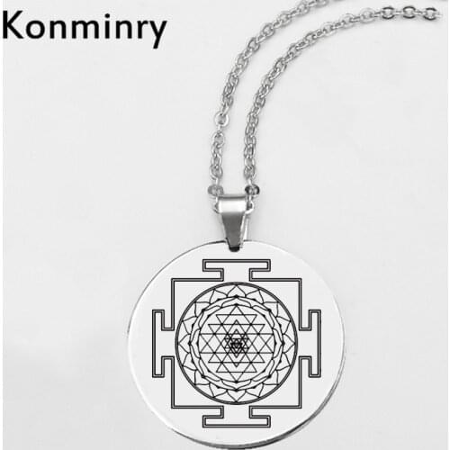 Classic Sri Yantra Stainless Steel Necklace Mandala Sacred Geometry Round Pendant Necklace Men Jewelry