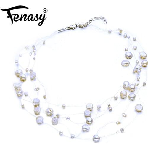 FENASY Multilayer White Natural Baroque Pearl Choker Necklace for Women Simple Style Handmade DIY Wedding Party Jewelry gift