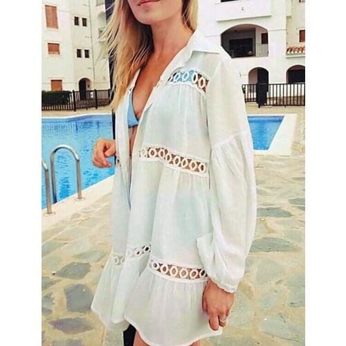 Summer Fashion Hollow Crochet Baggy Bikini Cover Ups Women Beach Holiday White Casual Loose Solid Sexy Swimwear Bathing Swimsuit