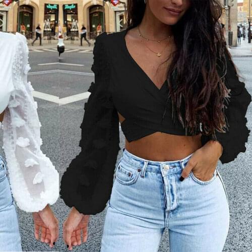 Summer New Women Lace Puff Sleeve Bandage Crop Top T Shirts Deep V-Neck Sexy Ladies Shirts Solid Black White Tank Top Tee Tops