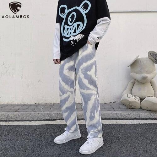 Aolamegs Mens Jeans Wide Leg Pants Tie dye Mens Street Hip Hop Elastic Waist Casual Pants Oversized Loose Trousers for Men