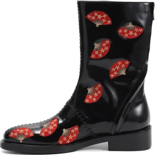 Mens fashion brand boots medium tube cow leather boots high long black boots Chinese embroidered mens leather boots