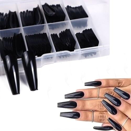 100pcs / Box Black Pressed Nail Coffin Ballet Dancer Fingertip Long Stiletto False Nail Tip Full Set of DIY Acrylic Fake Nails