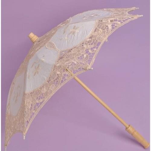 Newest White Handmade Embroidered Lace Parasol Sun Umbrella + Lace Fan Bridal Wedding Birthday Party Decoration JJ35