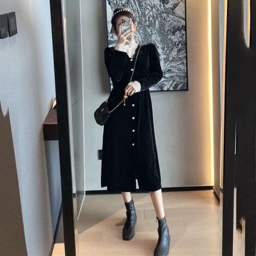 Autumn and winter 2021 new gold velvet dress women French retro Lace half high collar waist OfficeMid-lengthParty Lady dress