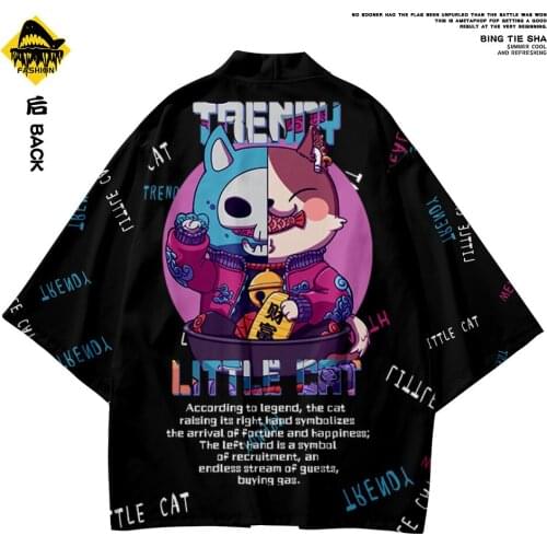 Summer Jacket And Pant Suit Tops Men Cardigan Harajuku Traditional Japanese Style Coat Haori Black Printing Kimono