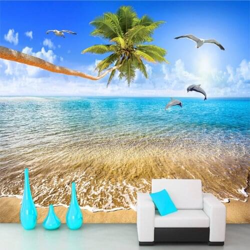 Custom Wall Cloth Sandy Beach Coconut Trees Dolphin Sea View 3D Photo Wallpaper For Living Room Bedroom Art Wall Painting Modern