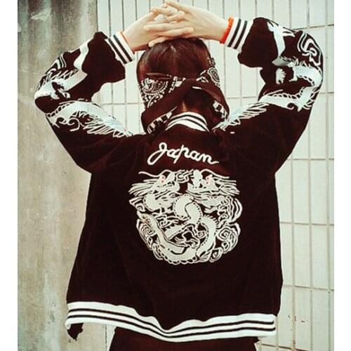Hot Japanese Harajuku YOKOSUKA Feel Dragon Embroidery Cool Jacket Long Sleeve Baseball Casual Outwear High Quality Black & Blue
