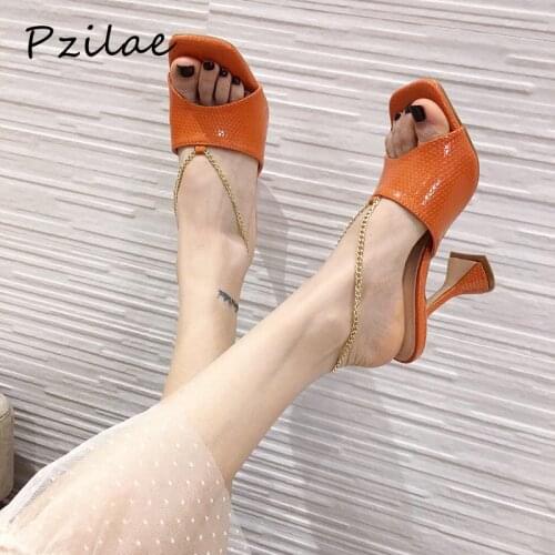 Pzilae Fashion 2020 new high heels slippers metal chains back strap open toe gladiatorslippers women party dress shoes size 41