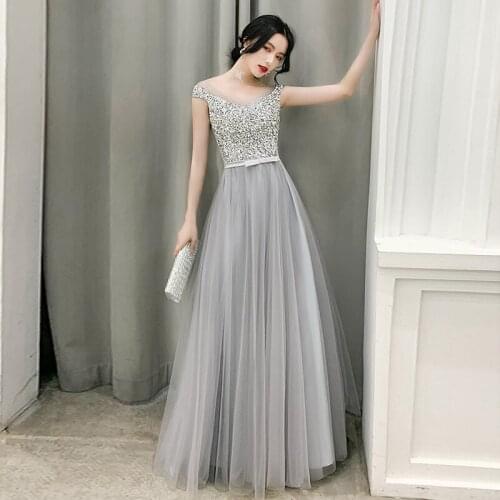 Sexy Dresses Evening Women 2020 illusion Formal Prom Dresses Long Sexy Banquet Boat Neck Sequined A-Line Lady Club Party Gowns