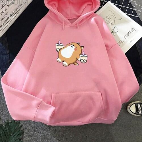Lovely Girl Milk Tea Dog Hoodie Women Cartoon Graphic Print Winter Loose Sweatshirt Fashion Kawaii Leisure Sweatshirt Korean Top