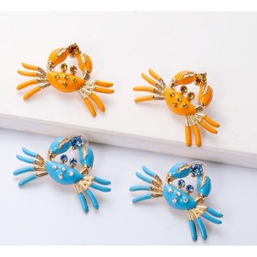 Minar Vintage Yellow Blue Color Enamel Crab Drop Earrings for Women Shiny Rhinestones Animal Statement Dangle Earrings Oorbellen