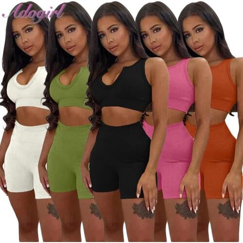 Women Summer Suit Rib Knit Two Piece Set Solid V Neck Sleeveless Crop Tank Tops Shorts Pants Suit Female Sporty outfit Tracksuit