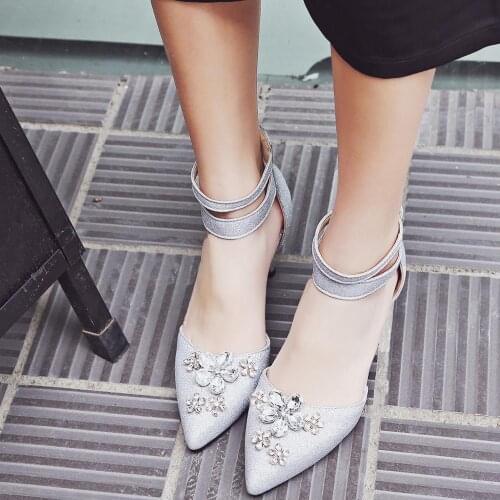 Womens shoes summer 201 summer sexy pointed hollow package with zipper middle heel thin package with fashionable Rhinestone