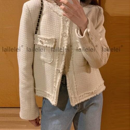 Short O-neck Tweed Jacket Button Long Sleeve Tassels Fall/Winter 2021 Korean Women Elegant Long Sleeve Coat White Black