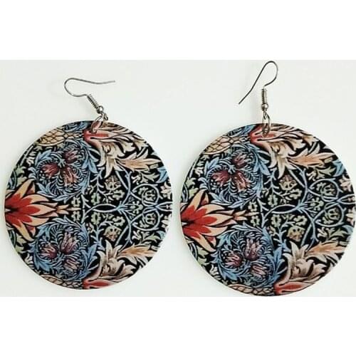 1 Pair Of Bohemian Wood Earrings, Handmade Dangling Earrings With Printed Floral Patterns, For Women