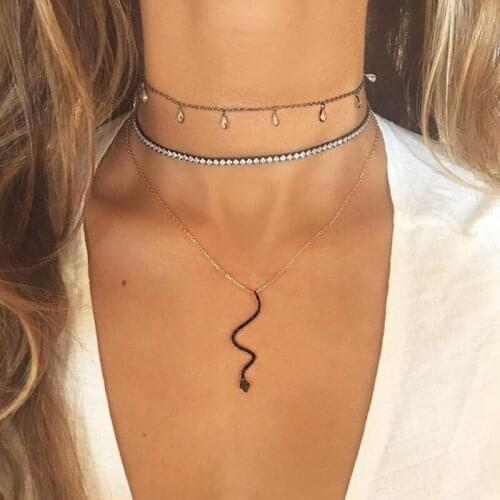 Bohemian Women Fashion Crystal Water Drop Choker Necklace for Women Personality Snake Pendant Multilayer Necklace Jewlery Gifts