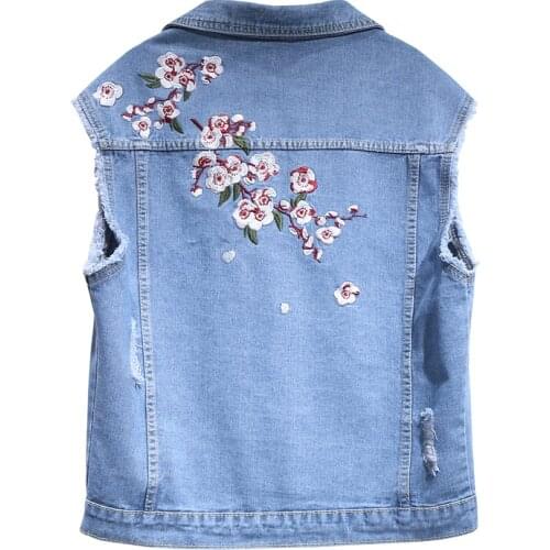 Womens Spring Autumn Sleeveless Bird Embroidery Blue Denim Vest Female Winter Plus Size Short Waistcoat TB431