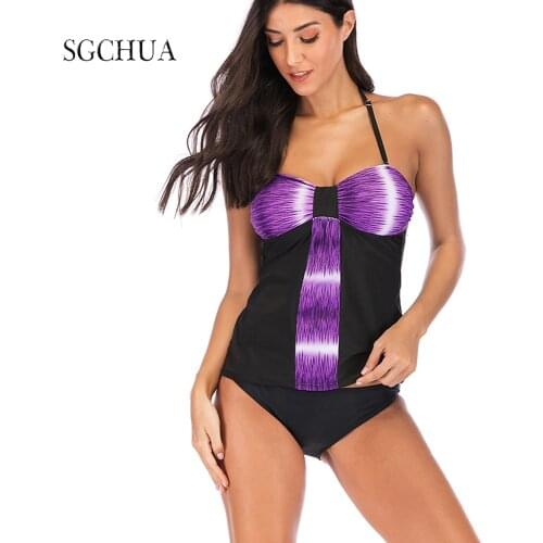 Monkini V Neck Stappy Two Piece Swimsuit Halter Tummy Control Tankini Swimsuits For Women With Triangle Bikini Set