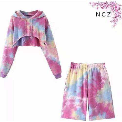 New 2021Women spring summer Tracksuit 2 two Pieces Sweater Dye Hooded Tops Long Sleeve Sweatshirt + short Pants Womens Sets