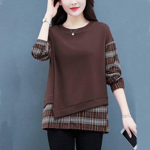 Super Fire Fake Two-Piece Sweater Women 2020 Spring And Autumn New Plaid Stitching Contrast Color Base Shirt Femme L53