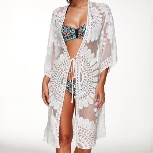 Bikini 2020 Women beach cover up Embroidery Half Sleeve Chiffon Kimono Cardigan Cover-Ups Tops Black White beach Wear