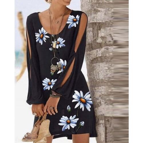 Women Casual Cold Shoulder Lace Party Dress Retro Split Long Sleeve Flower Print Mini Dress Sexy Summer Beach Dress Femme 2021