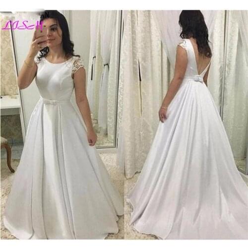 Simple Satin Wedding Dress Scoop Cap Sleeves Floor Length Backless Wedding Gown Sash Bow White Ivory Plus Size Vestido De Noiva